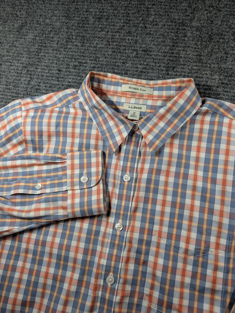LL Bean Men's Blue/Orange Plaid Wrinkle Resistant Long Sleeve Shirt Size M